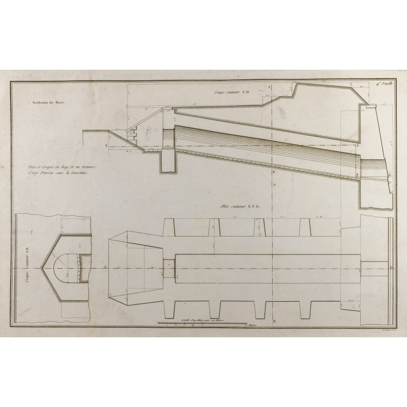 Gravure de 1800ca - Gravure architecture militaire - Plan poterne, courtine, fortification - 1