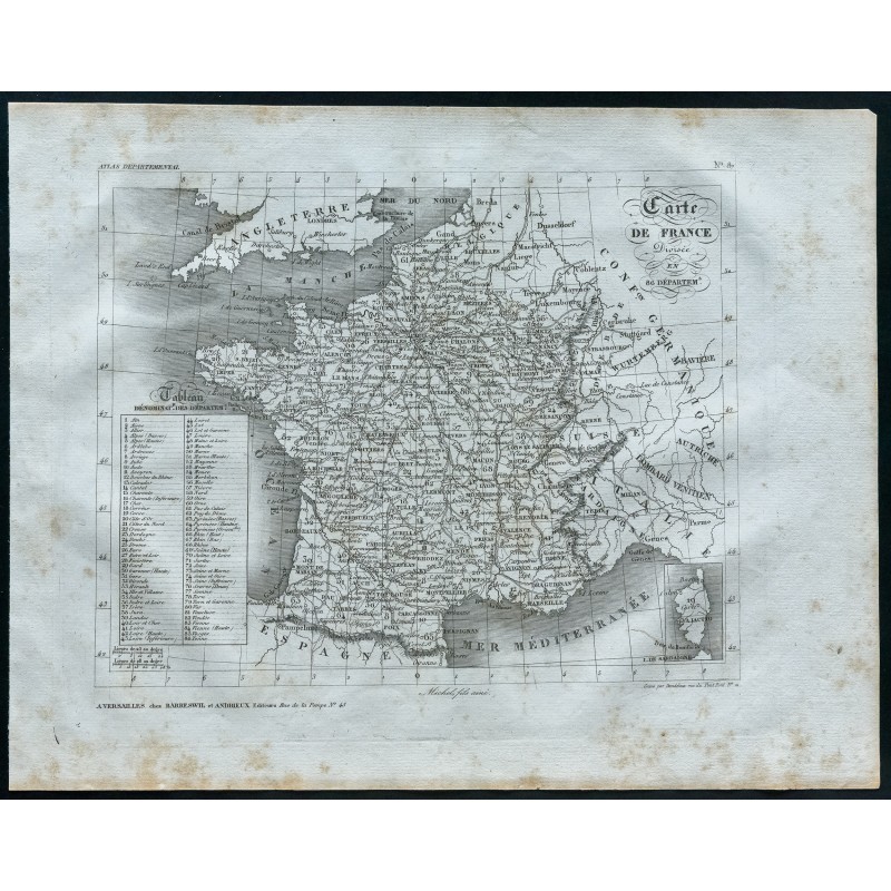 Gravure de 1830 - Carte de France divisée en 86 départements - 1