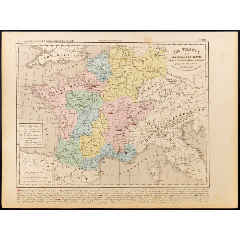 Gravure de 1859 - Carte de France sous les enfants de Clovis - 1
