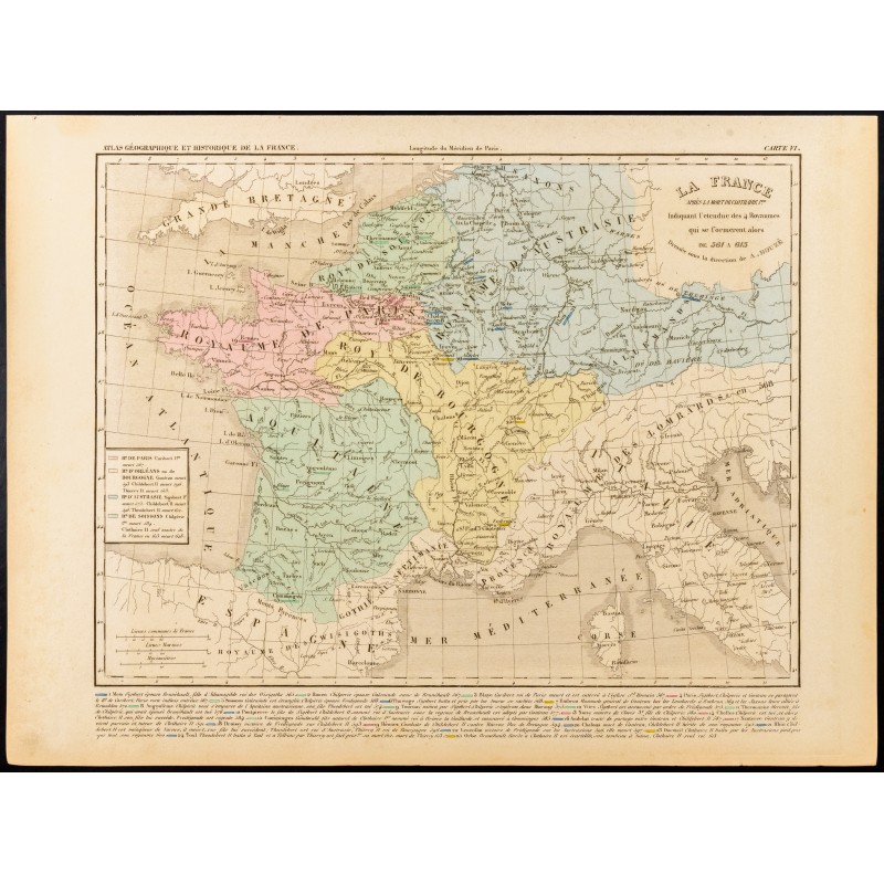 Gravure de 1859 - Carte de France après Clotaire Ier - 1