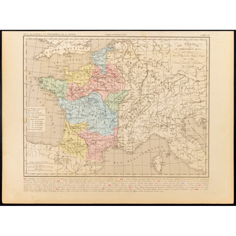 Gravure de 1859 - Carte de France sous Hugues Capet - 1
