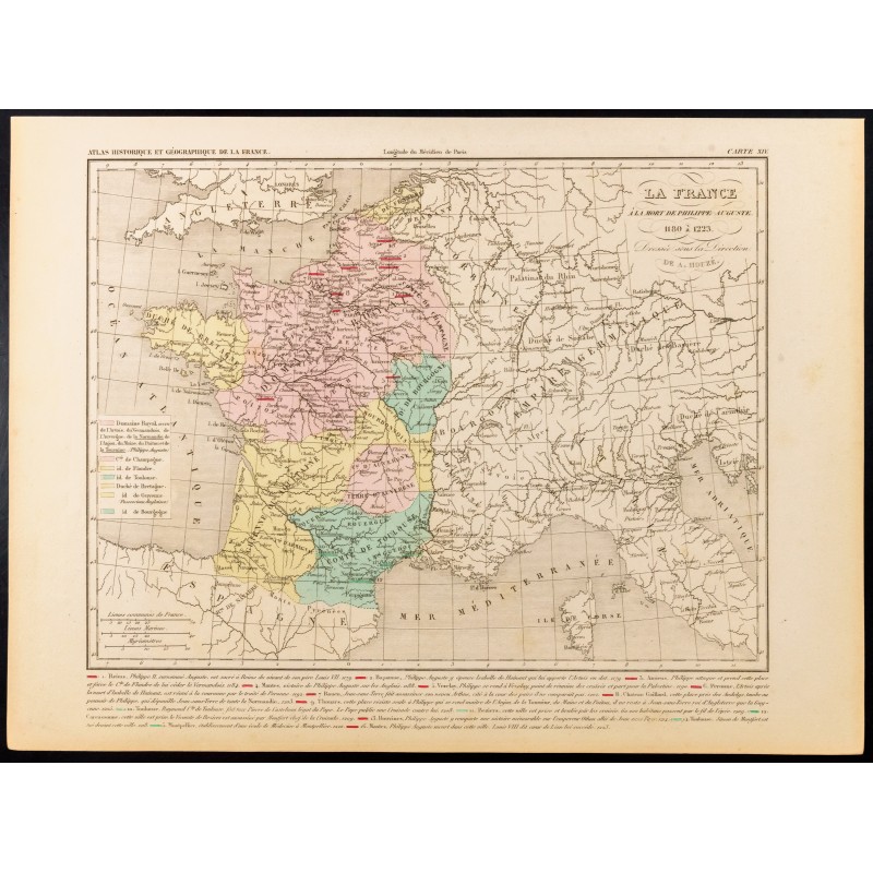 Gravure de 1859 - Carte de France après Philippe Auguste - 1