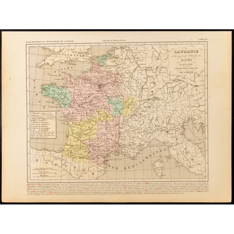 Gravure de 1859 - Carte de France après Charles IV dit Le Bel - 1
