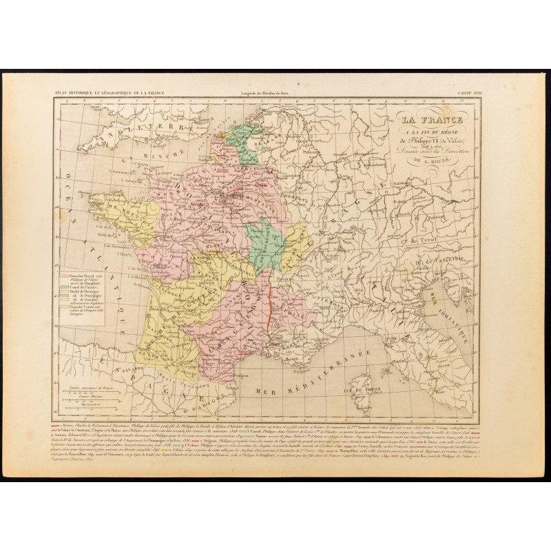 Gravure de 1859 - Carte de France après Philippe VI De Valois - 1