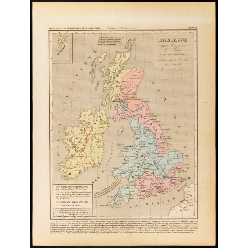 Gravure de 1859 - Carte de la Grande Bretagne après invasion des Saxons - 1