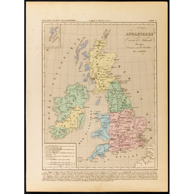 Gravure de 1859 - Carte d'Angleterre Écosse et Irlande en 900 - 1