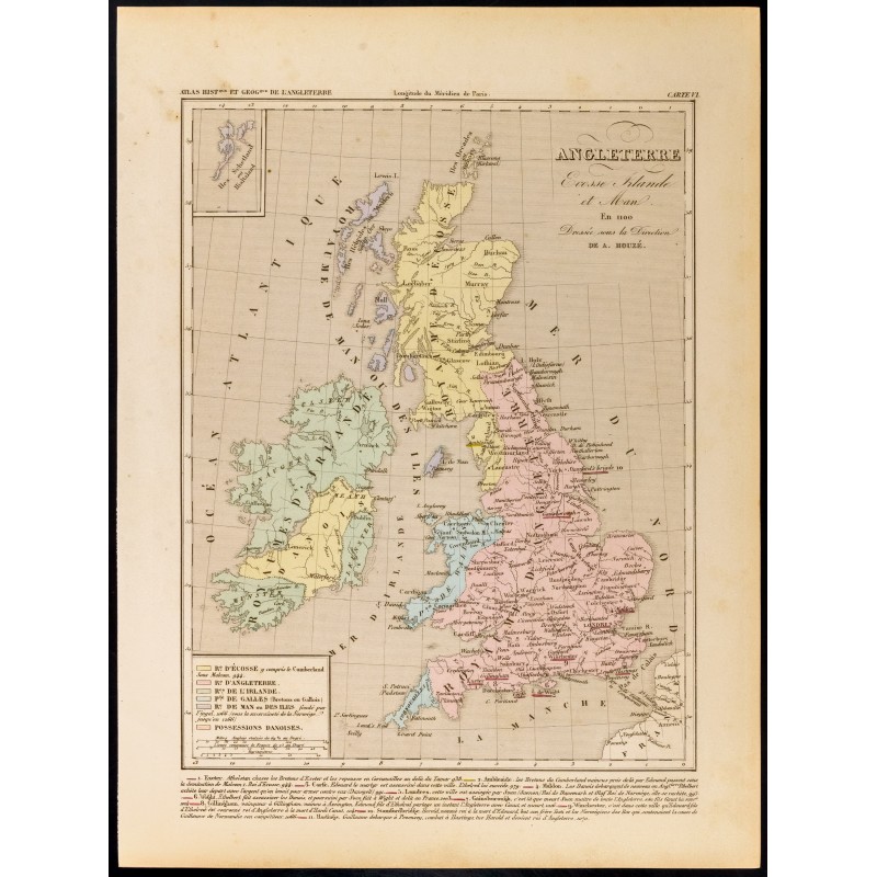 Gravure de 1859 - Carte des îles britanniques en 1100 - 1