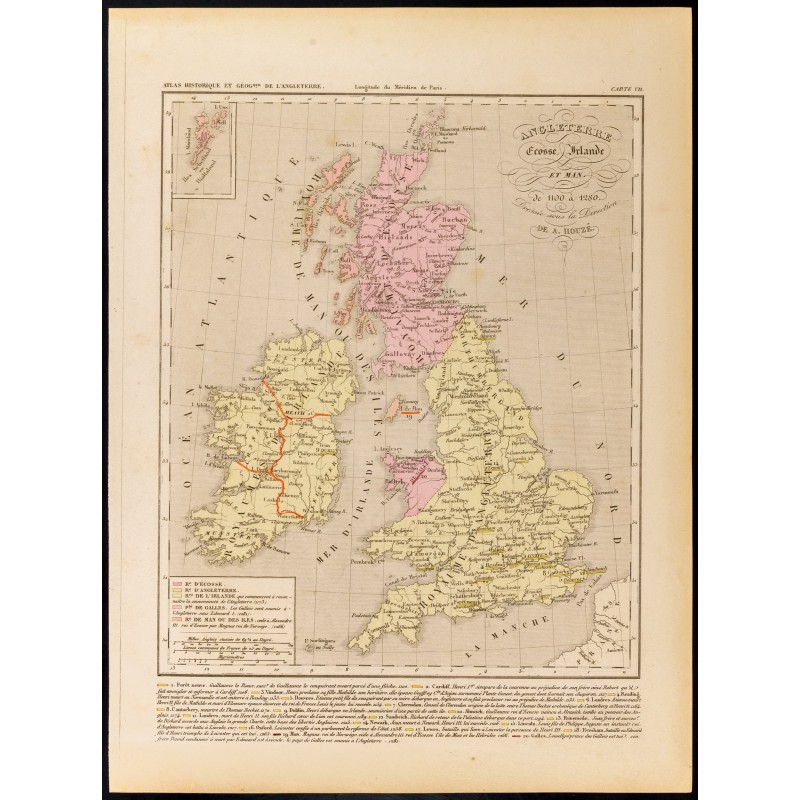 Gravure de 1859 - Carte de l'Angleterre Écosse et d'Irlande - 1100 à 1280 - 1