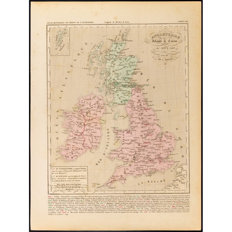 Gravure de 1859 - Carte de l'Angleterre Irlande & Écosse - 1281 à 1400 - 1