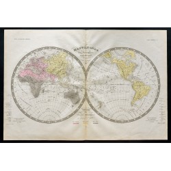 Gravure de 1838 - Mappemonde et indication des races humaines - 1