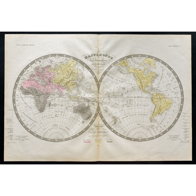 Gravure de 1838 - Mappemonde et indication des races humaines - 1