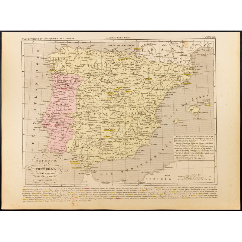 Gravure de 1859 - Carte de l'Espagne et Portugal de 1640 à nos jours - 1