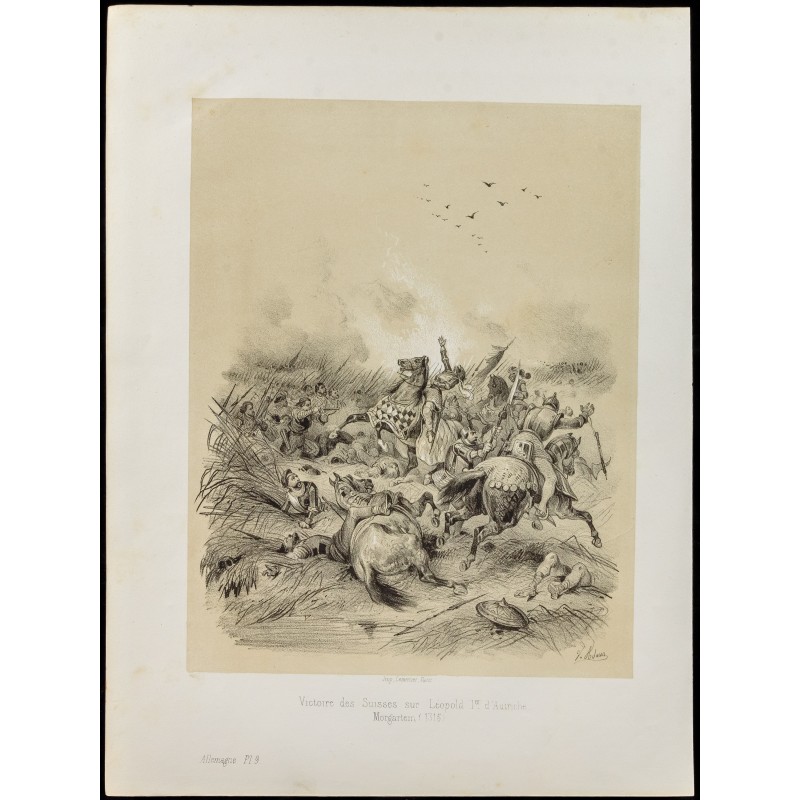Gravure de 1859 - Bataille de Morgarten - Victoire des Suisses - 1