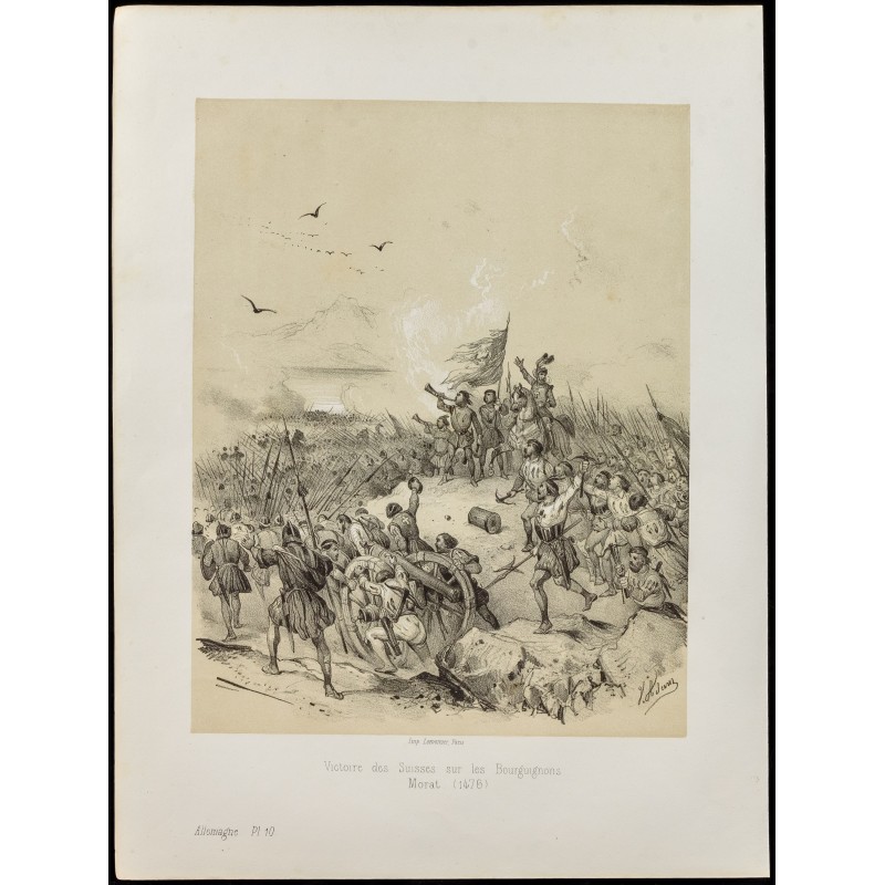 Gravure de 1859 - Bataille de Morat - Victoire des Suisses - 1