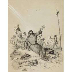 Gravure de 1859 - Martyre de Saint Boniface à Dokkum. - 2