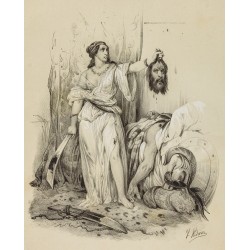 Gravure de 1859 - Judith tranche la tête à Holopherne - 2