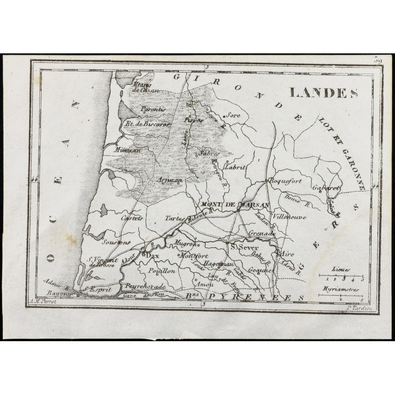 Gravure de 1830 - Landes - Carte ancienne du département - 1