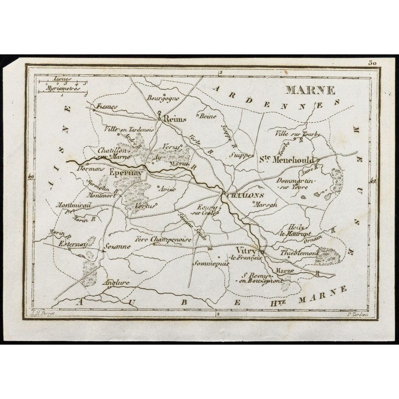 Gravure de 1830 - Marne - Carte ancienne du département - 1