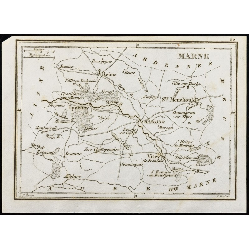 Gravure de 1830 - Marne - Carte ancienne du département - 1