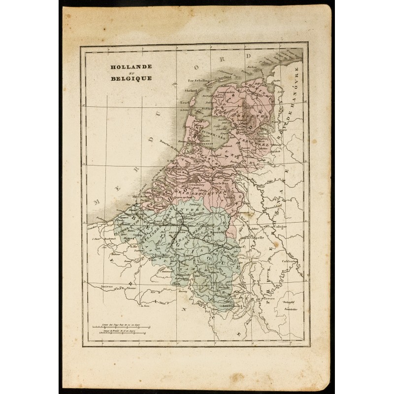 Gravure de 1850 - Carte géographique ancienne de la Hollande & Belgique - 1