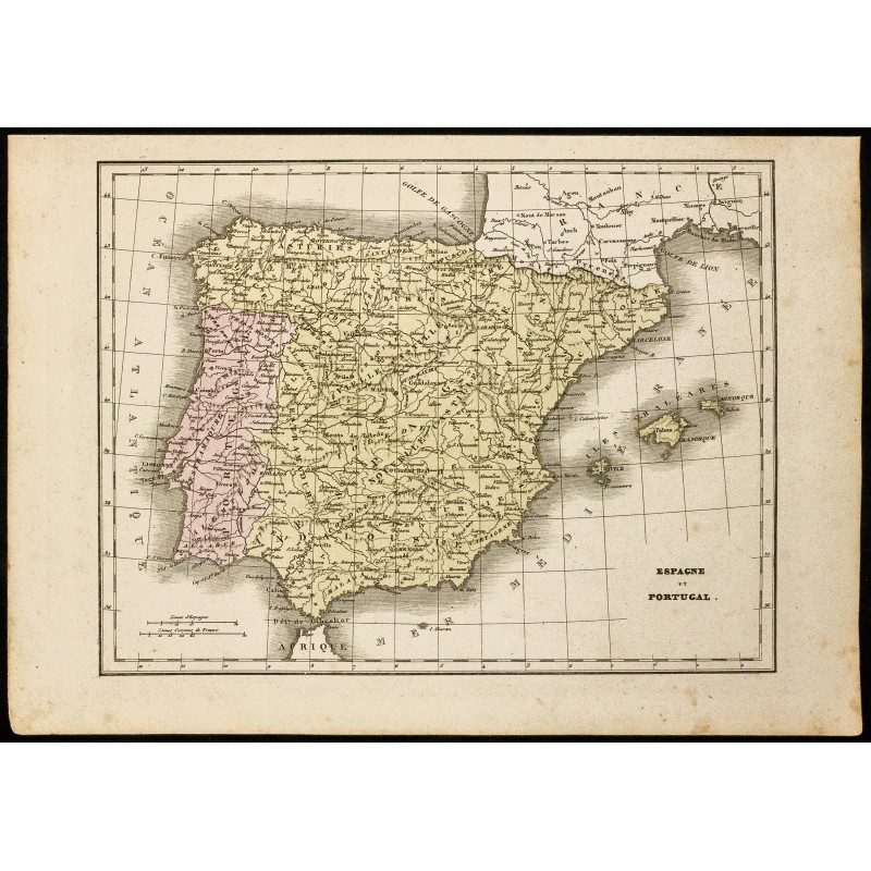 Gravure de 1850 - Carte ancienne de l'Espagne et Portugal - 1